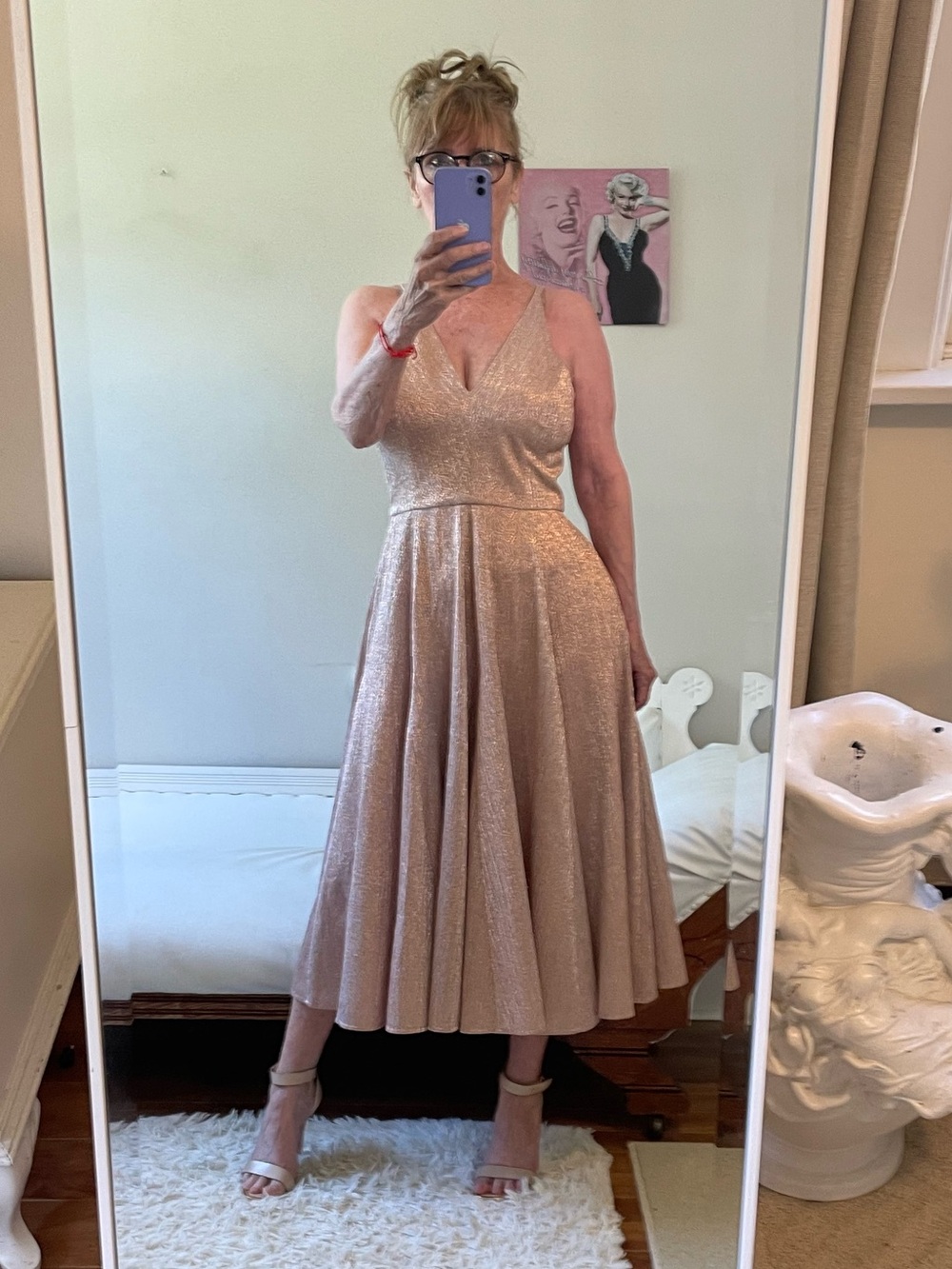 DRESS THE POPULATION ROSE GOLD METALLIC FIT FLARE DRESS DELILAH ZIPPER V NECK